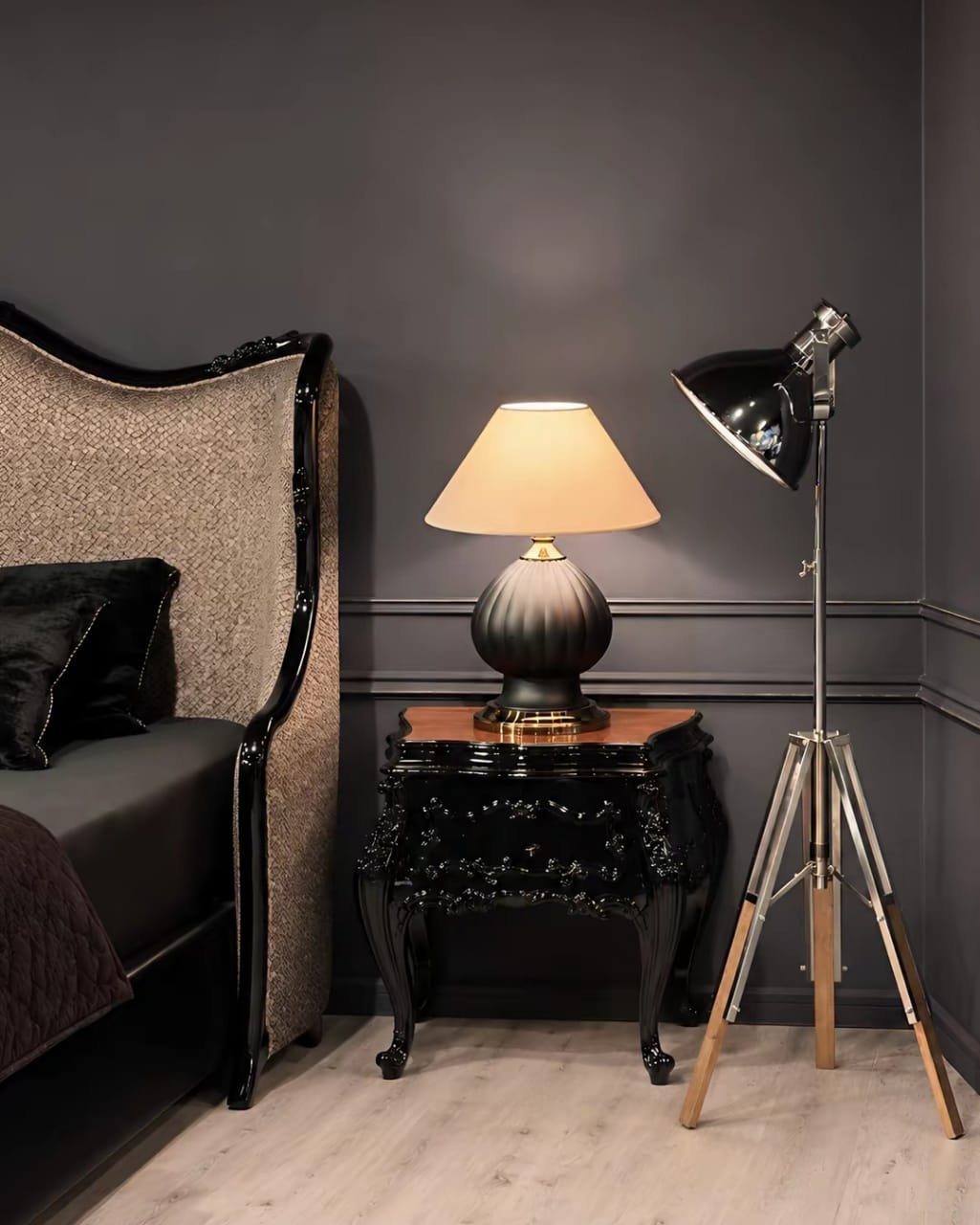 A bedside table and lamp, finished and ready to deliver